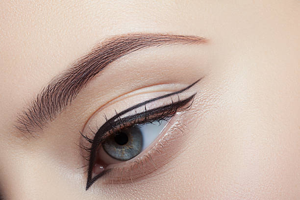 close-up shot of a woman's eyes with sharp eyeliner and drawn eyebrows